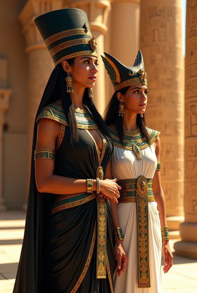 A digital painting of a 45-year-old Egyptian queen wearing a majestic black Pharaonic dress adorned with gold accents and intricate patterns, symbolizing wisdom and power. Beside her stands her 20-year-old daughter, dressed in an elegant white Pharaonic go...