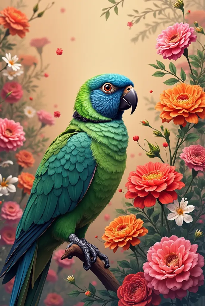 8 march card that has flowers and indian ringneck parrot 