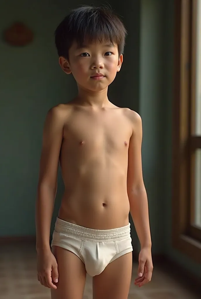 A thai boy aged 10 wears a pair of underpants in one crotch., as real