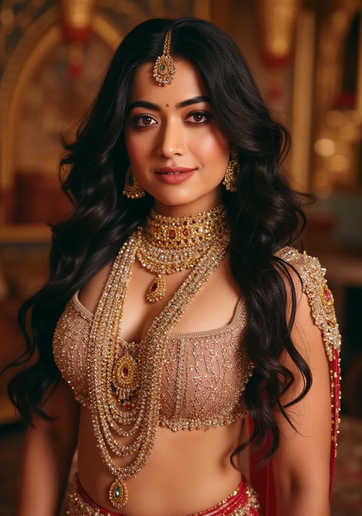 rashmika as beautiful Indian goddess, goddess of beauty, inspired by Hindu mythology, fleshy thick figure, ideal fat body, alluring figure, Hindu Mythological goddess, with thick busty body and huge  wearing and gemstones jewellery, curly long hair, transp...