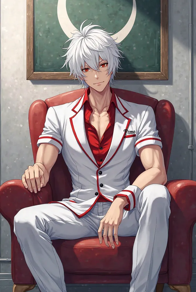 Make a anime sexy man with white hair wearing a white red school uniform seating on chair with muscle, with name " primo " on unifirm, with crescent moon drawing on board behind