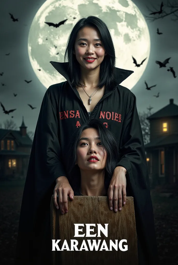 Promotional image for the film “EEN KARAWANG”. Two Asian women, likely in their 20s, are pictured. The woman at the top of the image is wearing a black vampire-style coat with the words “EEN KARAWANG” written on it. She is smiling sinisterly with a dramati...