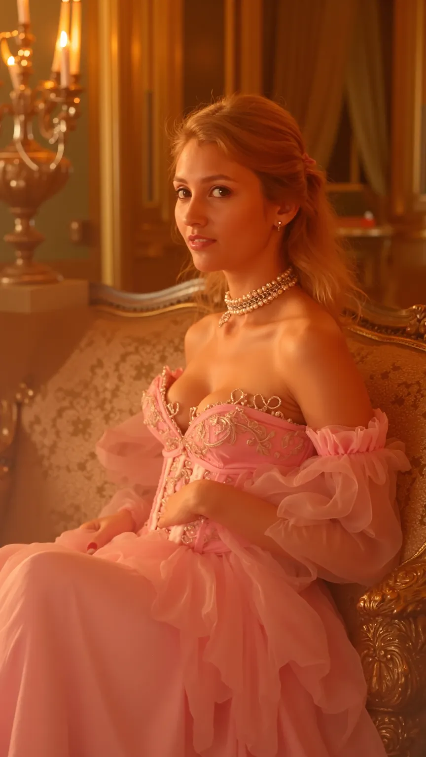 Bathed in the soft glow of an ornate candelabrum, a scandalously alluring noblewoman lounges on an embroidered chaise within the grand halls of Versailles. Her powder-pink silk gown, inspired by the extravagant excess of 18th-century France, is provocative...