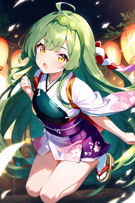 looking at viewer,best quality,high quality,masterpiece,LOng hair, open mouth, very long hair, yellow eyes, ahoge, hairband, japanese clothes, green hair, socks, kimono, sash, obi, sandals, tabi, muneate, short kimono, green hairband
