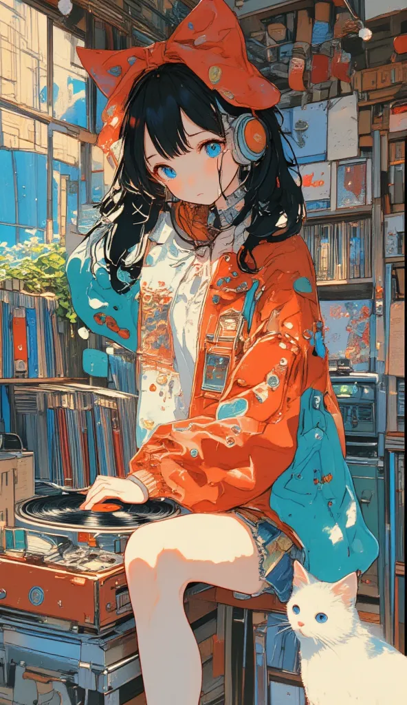 TOP QUALITY,  masterpiece,   very accurate,   High Resolution,    Beautiful 8K computer graphic art,   blue eyes，   black hair，  shoulder length，I see a record with a big red bow on my head， headphones    ，A pale pink and black two-tone jacket wrapped in l...