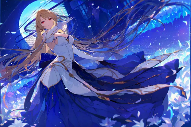 slightly off-center to the left, is depicted in a dynamic pose.  She has long, flowing, blonde hair that extends throughout the image. Her eyes are red, and she has a determined expression. Her attire consists of a flowing, white bodice with intricate gold...