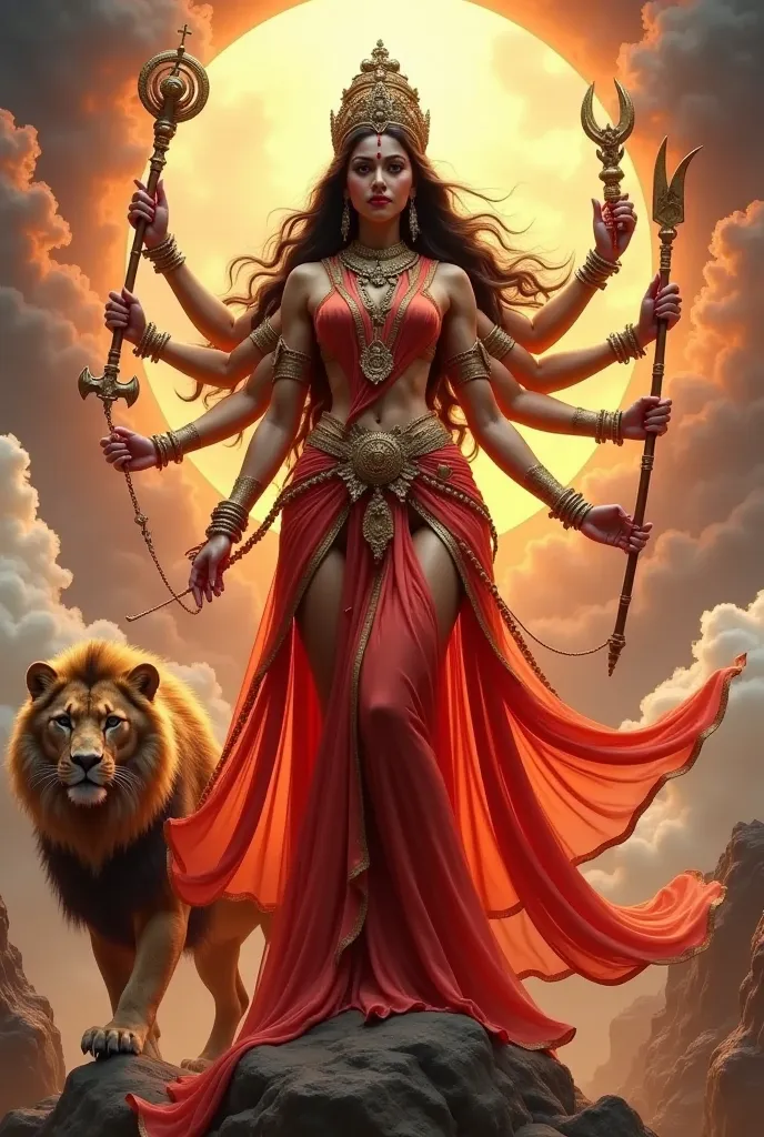 Hindu crowned Goddess Durga standing full body with a lion, in red saree with golden border, jewellery, with eight arms holding weapons, background in the universe clouds