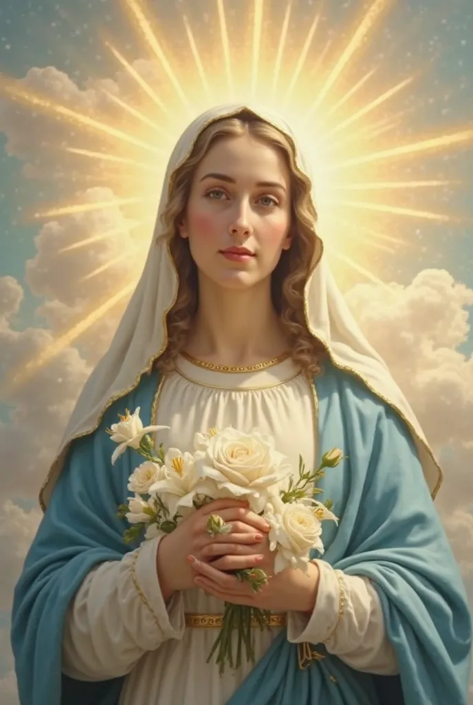 "A heavenly image of Our Lady, with a serene and welcoming gaze, surrounded by an aura of golden and blue light. She wears a soft white and blue robe,  symbolizing peace and purity . Her countenance reflects love and compassion, with a light and maternal s...