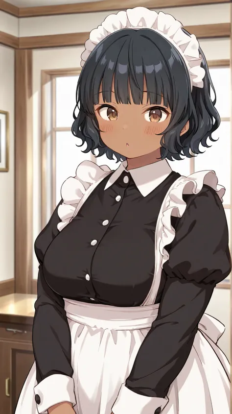 best_quality, detailed_ background, 1girl, chubby , medium breasts, brown skin, short hair, wavy hair, straight bangs, black hair, brown eyes, maid 