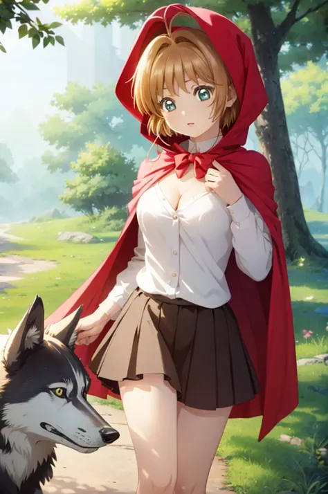 A beautiful girl in a red cape walking in a forest, anime girl, 1 girl, Kinomoto Sakura, (20 years old girl), (aged up), forest, wolf, (wolf in background), dynamic angle, bright eyes, (realistic eyes: 1.2), (beautiful eyes: 1.2), glossy lips, parted lips,...