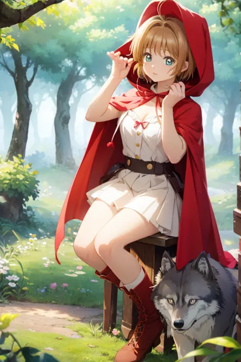 A beautiful girl in a red cape walking in a forest, anime girl, 1 girl, Kinomoto Sakura, (20 years old girl), (aged up), forest, wolf, (wolf in background), dynamic angle, bright eyes, (realistic eyes: 1.2), (beautiful eyes: 1.2), glossy lips, parted lips,...