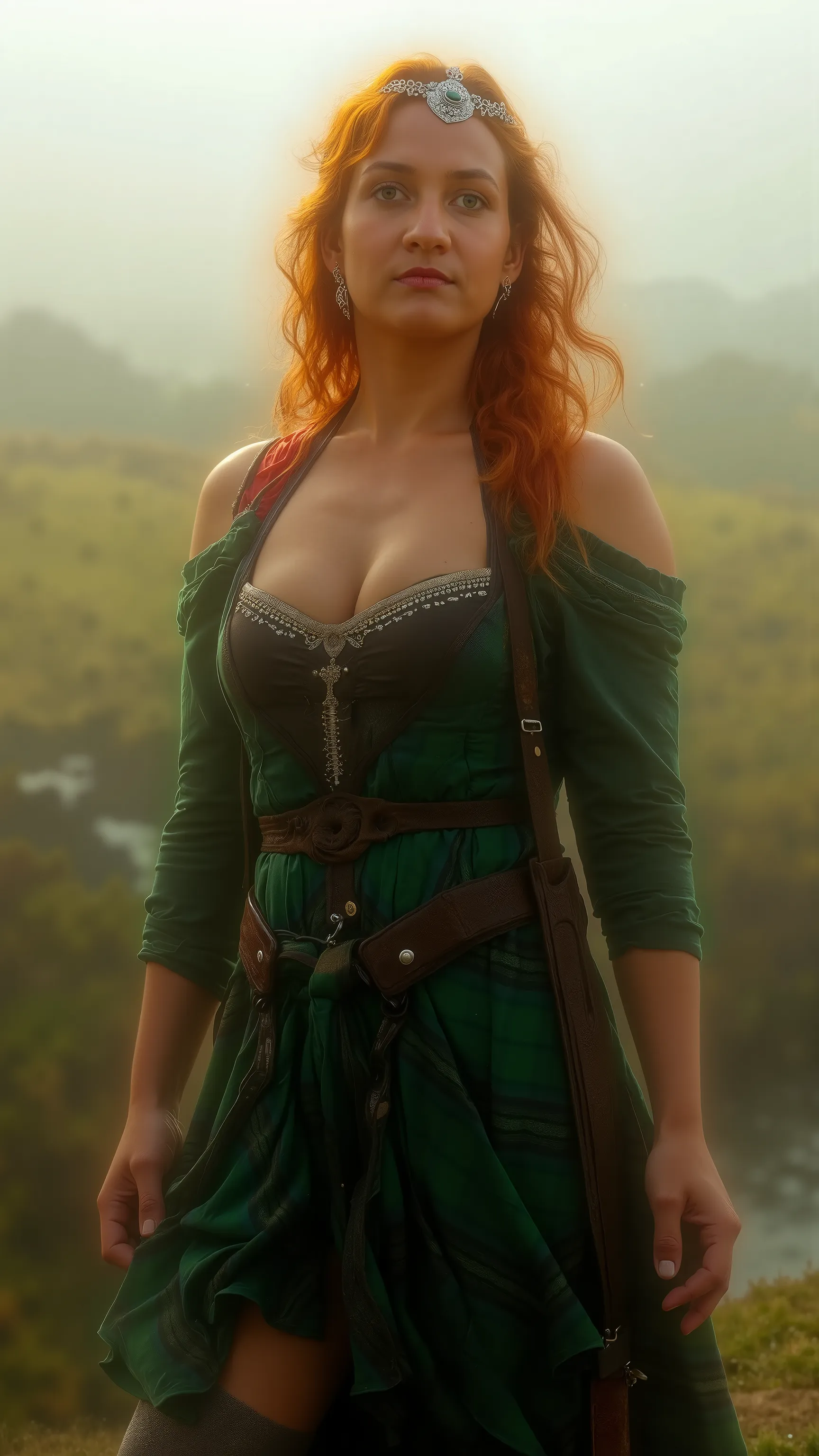 Under the open sky of the misty Scottish Highlands, a fiery-haired beauty stands atop an ancient stone bridge, bathed in the golden glow of the early morning sun. Her emerald-green tartan dress, cinched at the waist with a rugged leather belt, drapes grace...