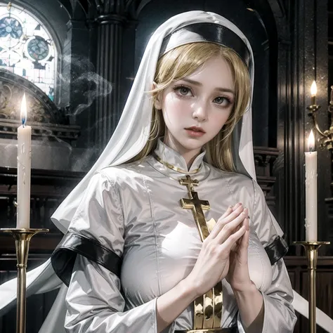 Woman, young woman, round face, oval face, slender face, golden hair, straight hair, very long hair, fully golden hair, golden eyes, yellow-gold gaze, nun's habit, white nun's habit, simple nun's habit, church, candles, candlelight, dark, romantic, sexy, d...