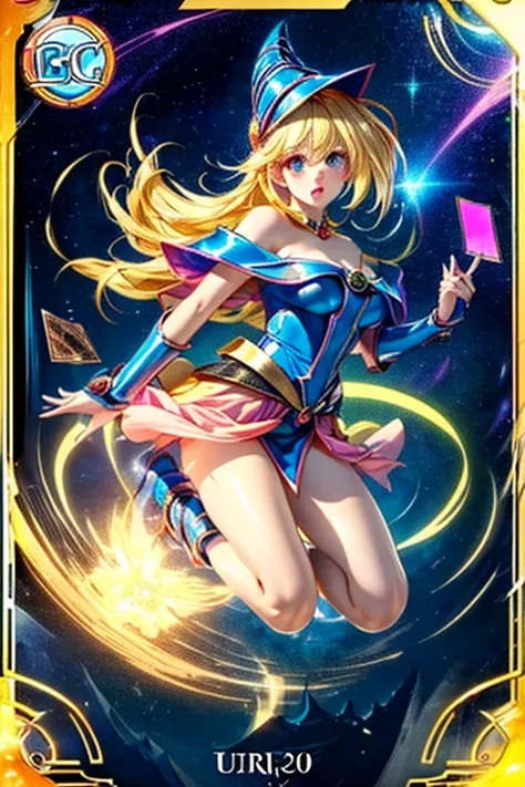 A dark mage girl floating sweetly, magical aura, fantasy background, Shiny rune, (( a Yu-Gi-Oh card underneath it)), giving a vibe that it was summoned,epic composition, ( complex details), (complex design, Ultra-details :1.2), art station, (masterpiece, t...