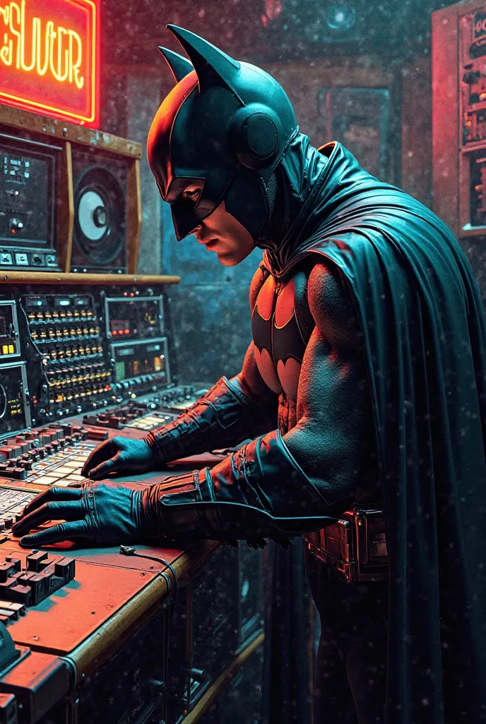 Create a photo of Batman creating a beat in a recording studio that has its hands on the devices and stuff but that photo is based on an 80s comic based on that time 