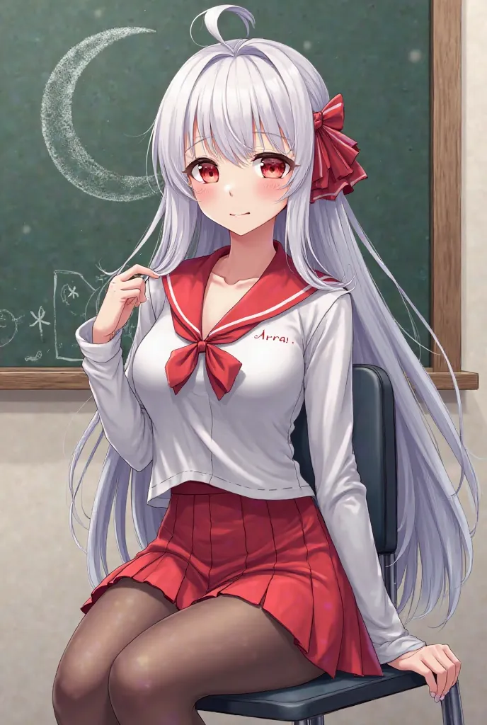 Make a anime sexy woman with white hair wearing a white red school uniform seating on chair with big boobs, with name " arra " on unifirm, with crescent moon drawing on board behind