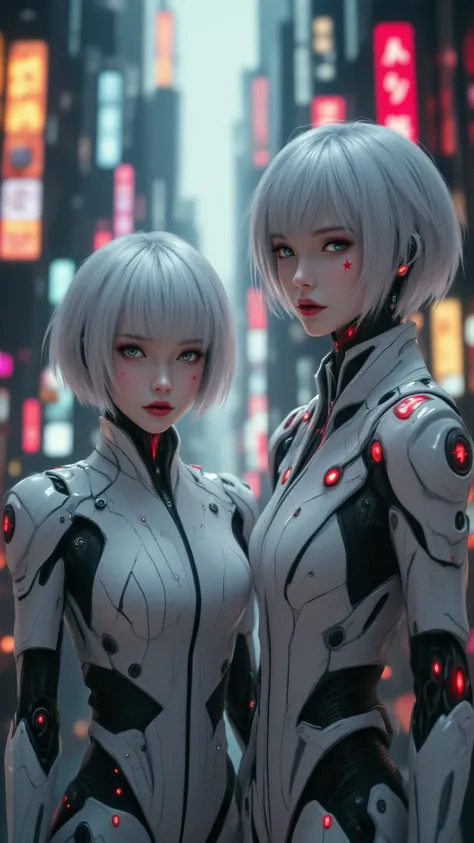 “Two twin human-like AI robots stand expressionlessly in a cyberpunk city background, staring straight ahead. They both have short white hair, but only the one on the right has a red star on her cheek. Their suits are white with black pinstripes, and red a...