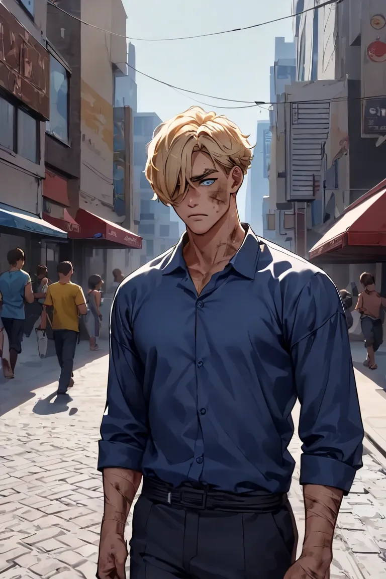 a muscular blond man with short hair. He has dark blue eyes and short dirty blonde hair, scars on his body and over left eye. He has a stoic expression and city street setting. He wears a blue shirt and dark pants. MAKE THE HAIR SHORT.