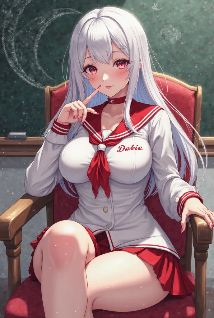 Make a anime sexy woman with white hair wearing a white red school uniform seating on chair with big boobs, with name " debie " on unifirm, with crescent moon drawing on board behind