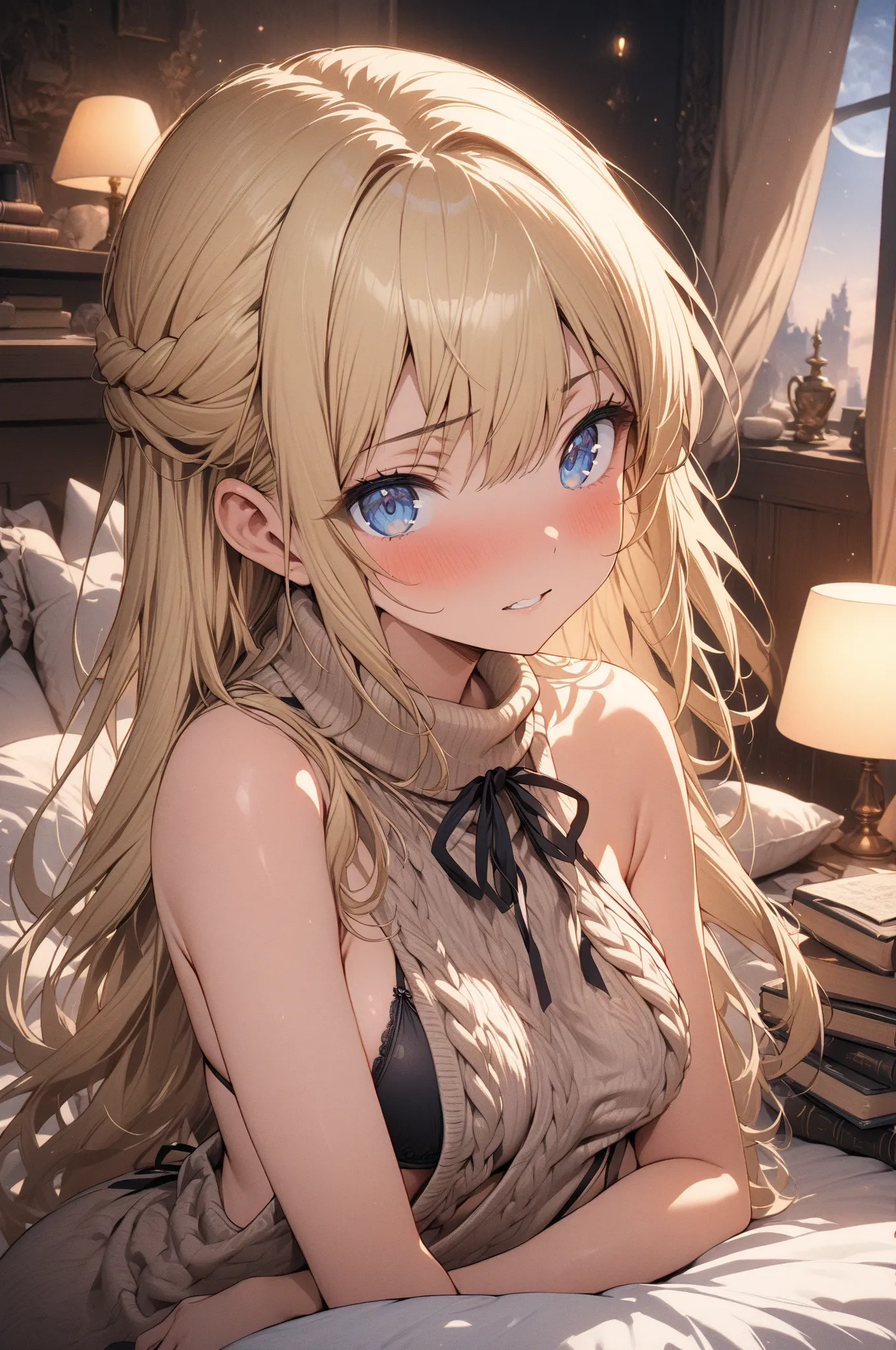 (masterpiece, detailed:1.2), One Girl, Princess, (18-years old), blonde half updo, Medium Breasts, sky blue eyes, BREAK, Highest quality, beige virgin killer sweater, Black bra, in her room, cushions, books, at night