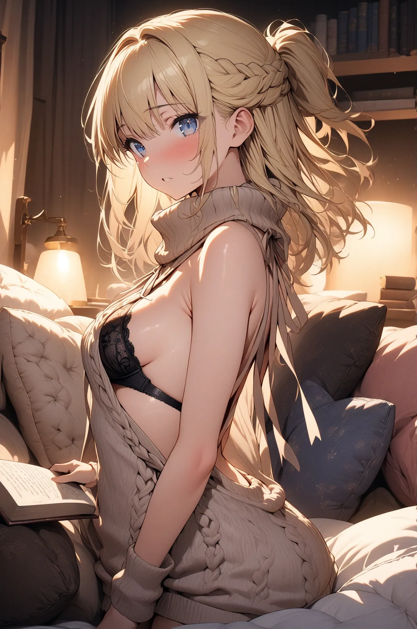 (masterpiece, detailed:1.2), One Girl, Princess, (18-years old), blonde half updo, Medium Breasts, sky blue eyes, BREAK, Highest quality, beige virgin killer sweater, Black bra, in her room, cushions, books, at night