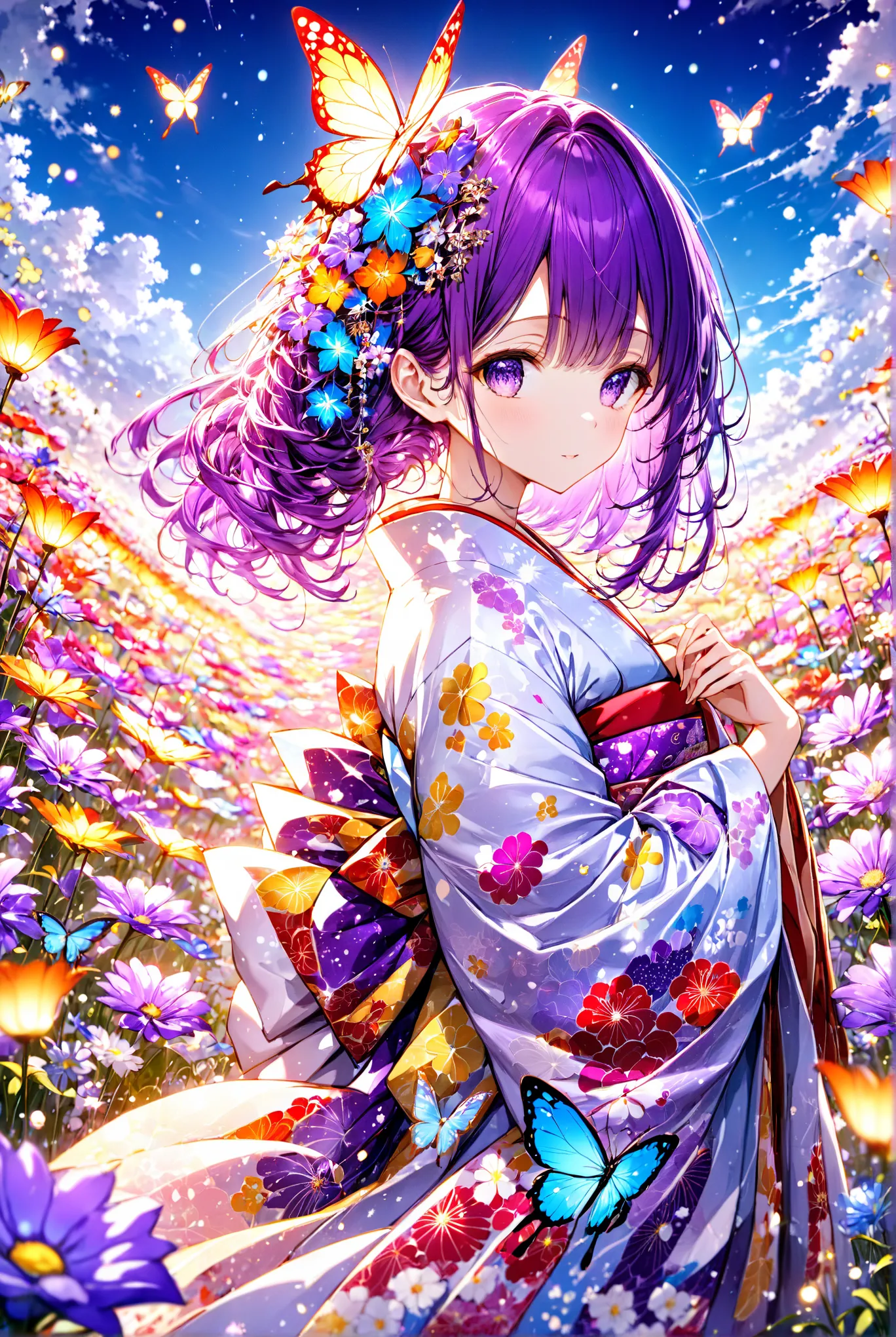 Young and Beautiful Girl Wearing a Kimono,long purple hair, Beautiful Traditional Japanese Floral Pattern Woven into a Kimono, bright color, colorful flower field, blue sky, anime art,　傑作 高解像度 美しい少女の横顔 透明な花が両手で顔を近づける 素晴らしい花畑 blue sky, beautiful adult woman...