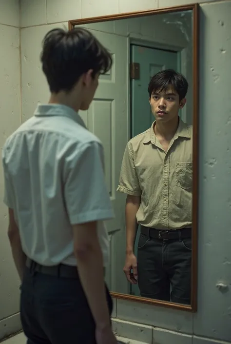 Real photo of a male student wearing a high school uniform looking in the mirror, the other side of the mirror is wearing poor clothes, looking very sad