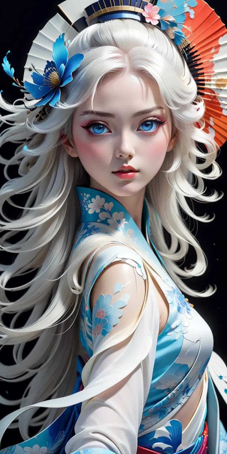 Half body photorealism,Vibrant vector art portraying a high detail blue-eyed girl reminiscent of a geisha, accentuated by a pronounced vertical split effect. Contrast darker tones on the right side with lighter hues on the left, enhancing the prominence of...