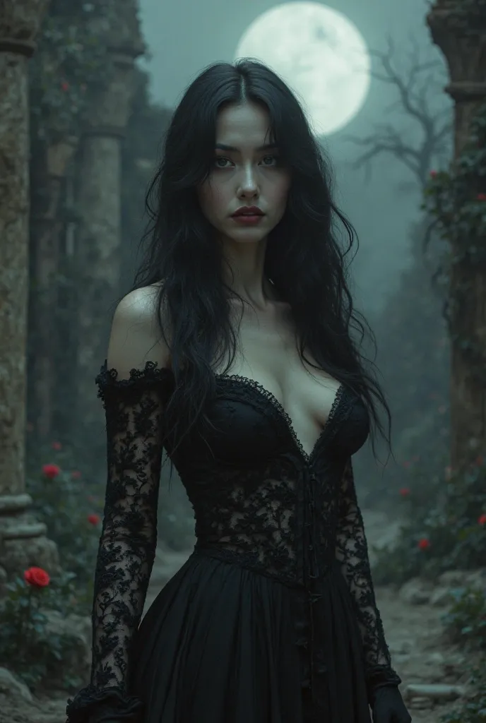 A hauntingly seductive woman stands beneath a pale, ghostly moon, her porcelain skin glowing with an ethereal allure. Calista is an exquisite nightmare, draped in sheer black silk that clings to her curves, revealing more than it conceals. Her raven-black ...