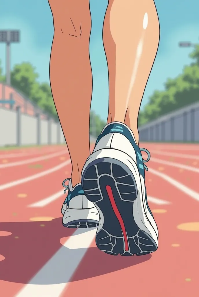 illustrating a person walking on the track with a pair of shoes, Wikihow illustration, the front part of the foot forming the letter V, rotoscoped, animation cel, color line artwork, Simple illustration, from the manga style Yowamushi Pedal, cel - shading,...