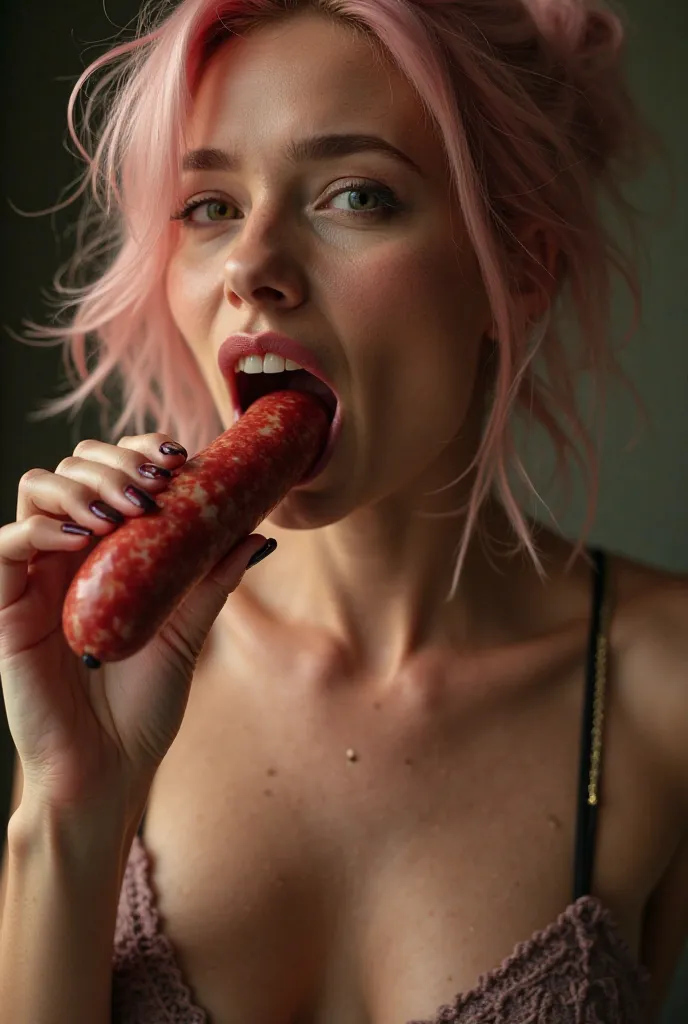 masterpiece, the best quality, Intricate details, extremely detailed, cinematic lighting, Alone , 1 girl,  a beautiful woman , (oral,  Blowjob, deep throat, eating a huge sausage in your hand, stick a long sausage in your mouth, completely open mouth:1.4),...