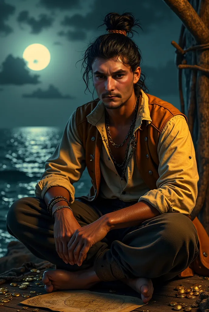 Portrait of a young pirate, 25-30 years old, with Caribbean features: dark skin, thick black hair gathered in a careless bun, dark piercing eyes, a thin scar above the left eye. He is dressed in a faded shirt made of rough cotton fabric the color of burnt ...