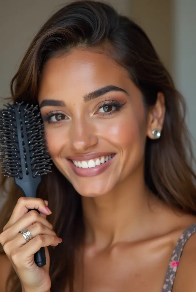 There is a woman smiling and holding a hairbrush,  Photo by Charlie Amani ,  Instagram, Messages,  with professional makeup , sexy face with full makeup, greek ameera al taweel, arab ameera al taweel, Very, very beautiful face, The mustache does,  Instagra...