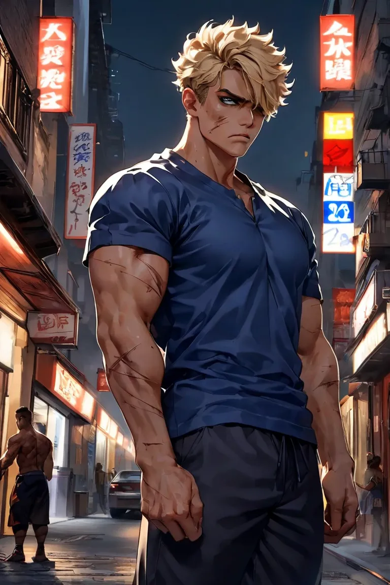 a muscular blond man with short hair. He has dark blue eyes and short dirty blonde hair, scars on his body and over left eye. He has a stoic expression and city street setting. He wears a blue shirt and dark pants. MAKE THE HAIR SHORT. Intimidating, an ski...