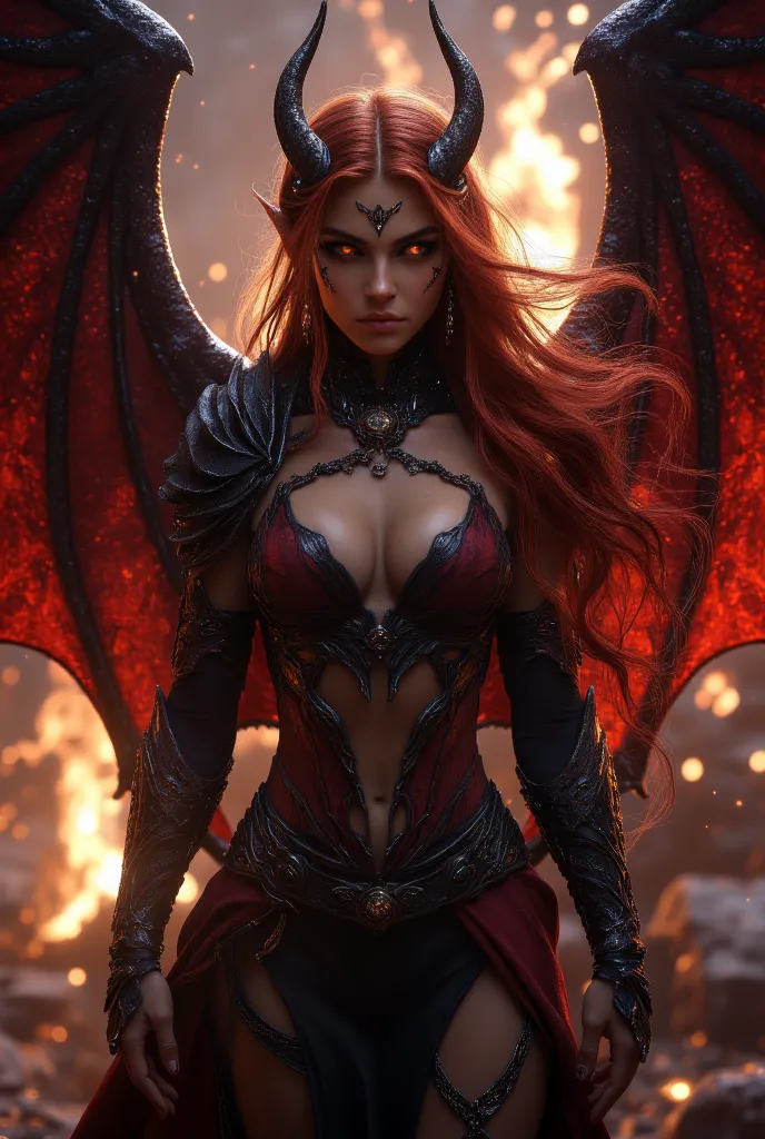 hot girl, Gorgeous Galactic, red eyes, red hair, (((large red demon wings))), red short horns, standing in hell, fire all around