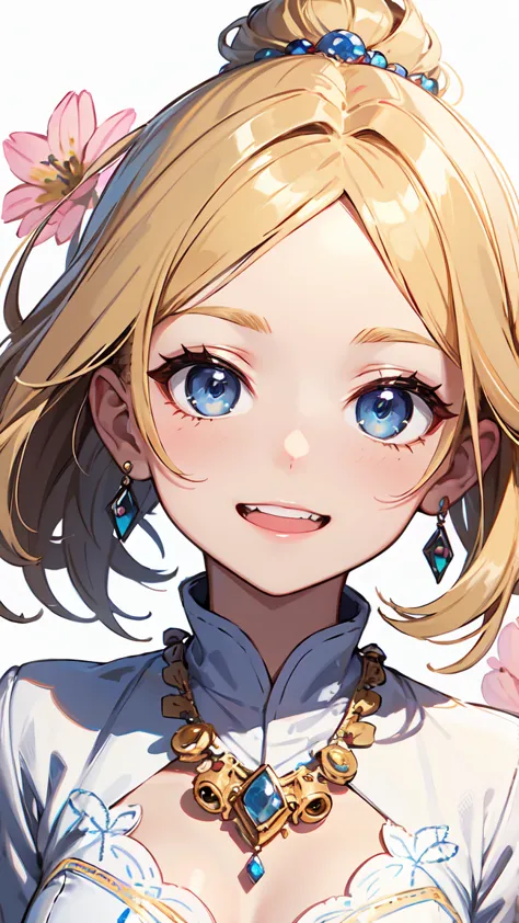  blonde perm、ponytail、blue eyes、white tunic with colorful flower embroidery、black 3/4 length cropped pants、white high heels。Tiny Swinging Earrings、beaded necklace smile、Close-up of face。laughs。cute pose。Put your whole body into。cute pop art background with...