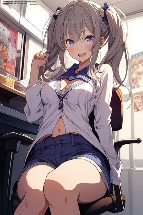 Amazing Cleavage:1.3, thin waist, big ass, Raised sexy, big breast: 1.4 posed cleavage:1.2、,(masterpiece), (best quality), detailed, a otaku girl, soro, twintails,  wavy hair twintails.hairs between eyes,dark blue eyes ,smile, masterpiece, best quality, ne...