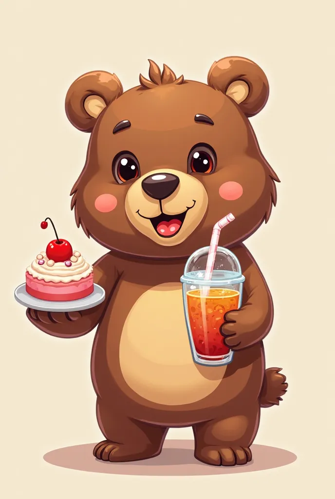 A happy bear face, in one hand he holds a dessert and in the other a straw glass with an iced drink. It&#39;s for a logo