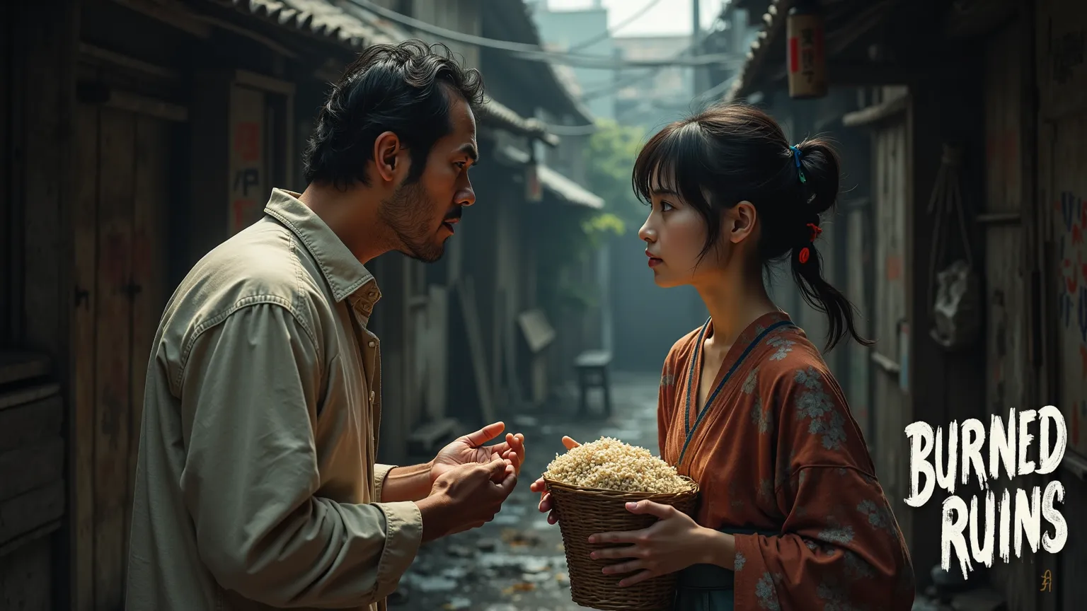 "A menacing post-war black market alley, with a rugged man in a stained shirt leering at a young flower seller in a worn kimono. His yellowed teeth glint as he holds a handful of rice, while she grips her flower basket tightly, eyes averted. Burned wooden ...