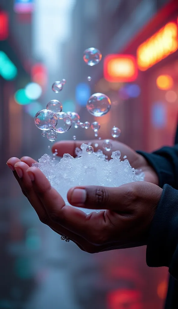 black human hands with pure white soap bubbles, cyberpunk background, neon lights, close up