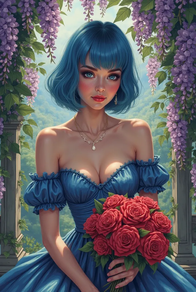 1 young attractive, sexy, seductive woman, Incredibly beautiful femme fatale with very short bob, thick luxurious blue voluminous hair, bob haircut, blue eyes. She is wearing a long blue vintage off-the-shoulder dress that perfectly matches her slender and...