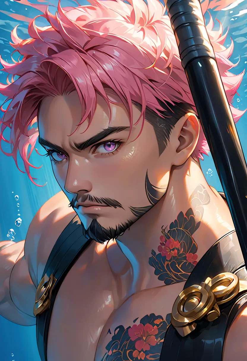 Strong man, Short pink hair, Short Beard, My eyes are orange and , Underwater,  all have black tattoos,  has a golden three-pronged spear ,  realistic drawing style , focus on the face