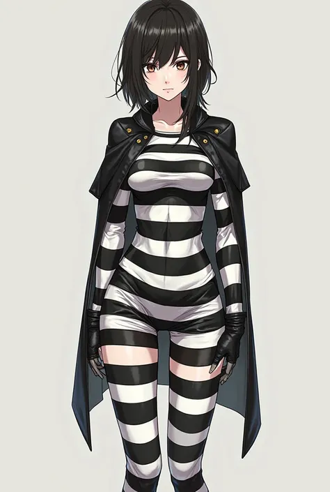 黒と白のストライプの prisoner uniformの詳細 - 全体的な配色には黒と白の強いコントラストがあります - 縦縞模様が特徴的です - 太い黒と白のラインが印象的です - 首の周り、Cuff、 has stripes on the hem of the pants .   There are stripes on pockets and other decorative parts  .  The tight silhouette emphasizes women's curves .  Whi...