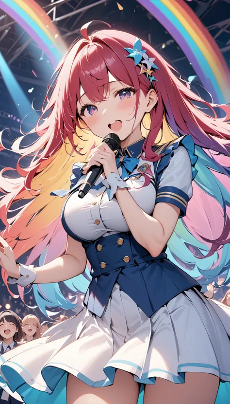 Highest quality,Highest quality,Ultra-detailed,(masterpiece:1.2),Very absurd,4K,8k,Idols singing in front of an audience,Uniform-like outfit,Hold the microphone in your right hand,Left hand wide open,cute,big breasts,Tears of joy,Singing while crying,rainb...