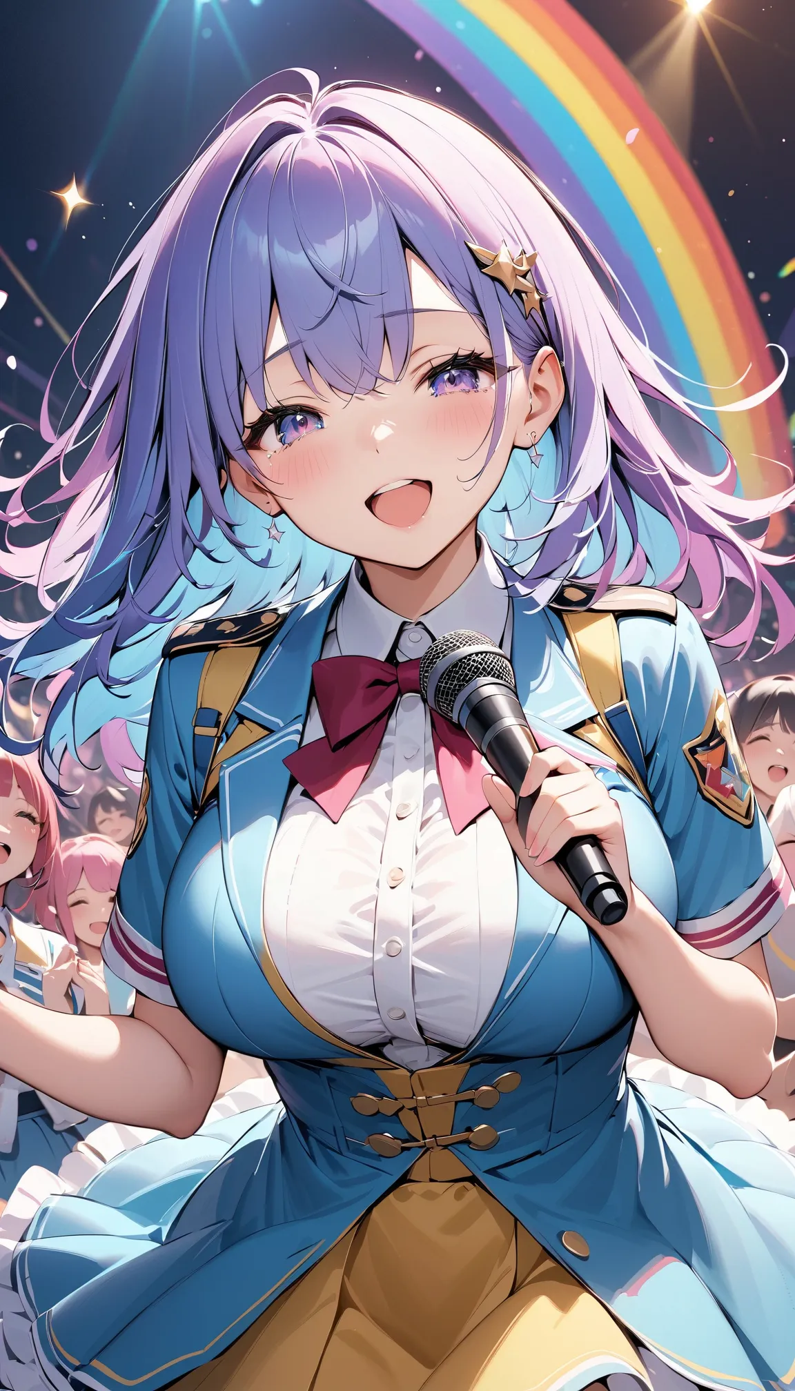 Highest quality,Highest quality,Ultra-detailed,(masterpiece:1.2),Very absurd,4K,8k,Idols singing in front of an audience,Uniform-like outfit,Hold the microphone in your right hand,Left hand wide open,cute,big breasts,Tears of joy,Singing while crying,rainb...