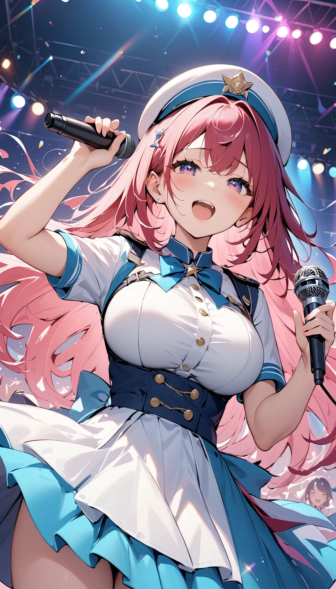 Highest quality,Highest quality,Ultra-detailed,(masterpiece:1.2),Very absurd,4K,8k,Idols singing in front of an audience,Uniform-like outfit,Hold the microphone in your right hand,Left hand wide open,cute,big breasts,Tears of joy,Singing while crying,rainb...