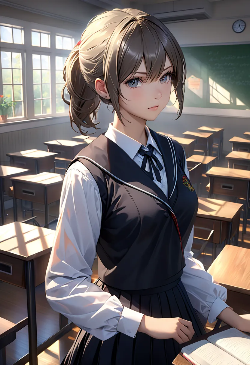 1 girl, re4ashleyのポートレートショット, Highly athletic, black school uniform, white shirt, classroom, Volumetric Light, best quality, masterpiece, complicated details, Tone Mapping, sharp concentration, Super Detail, trending at art stations, realistic,