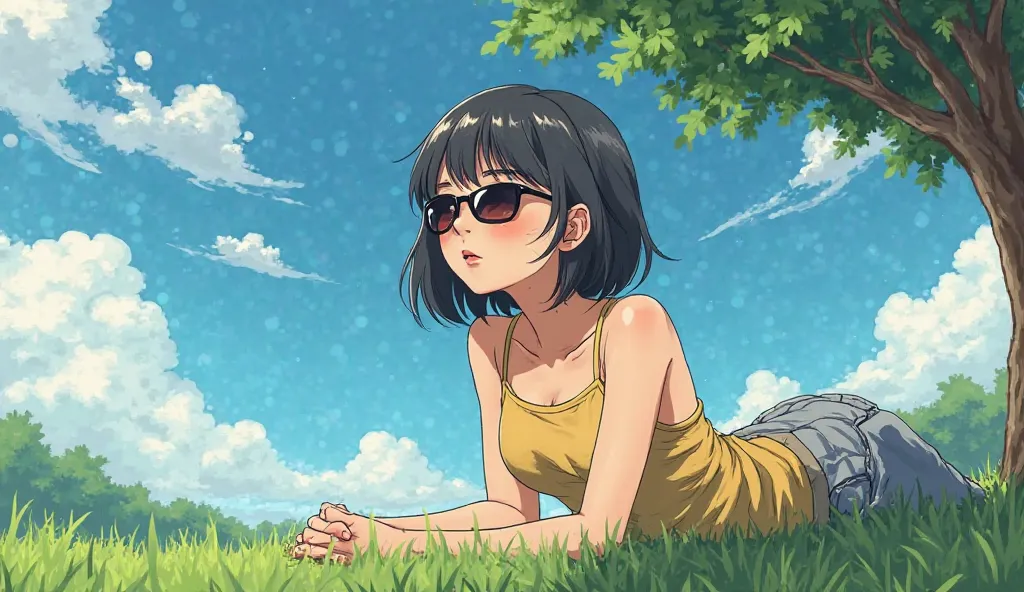 Create Manga image: a young girl with medium-length black hair, slightly disheveled, slightly disheveled, a khaki yellow tank top is wearing sunglasses, lying on the grass, looking at the sky under a country tree 