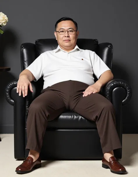 RAW 4k photo, whole view, , an old Chinese man, 78 years old,, Looking straight at the audience, chubby , Short black/ gray thin hair ,  glasses,  without a mustache, wearing a white shirt, dark brown trousers, brown loafers , sitting leaning on a large bl...