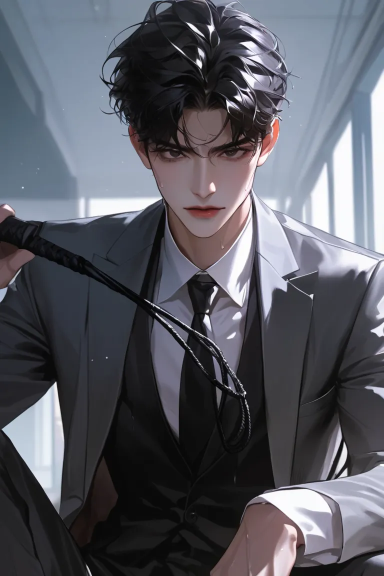 bad，  I have dark hair， Very short hair，   dark gray suit，Head perspective   ，，    Korean Comic Style    ，  young, good condition ，    very handsome    脸瓜子脸，  wet hairstyle    ，  Dark black eyes    ，     very handsome    , black neck polar tee,  Sitting  ,...